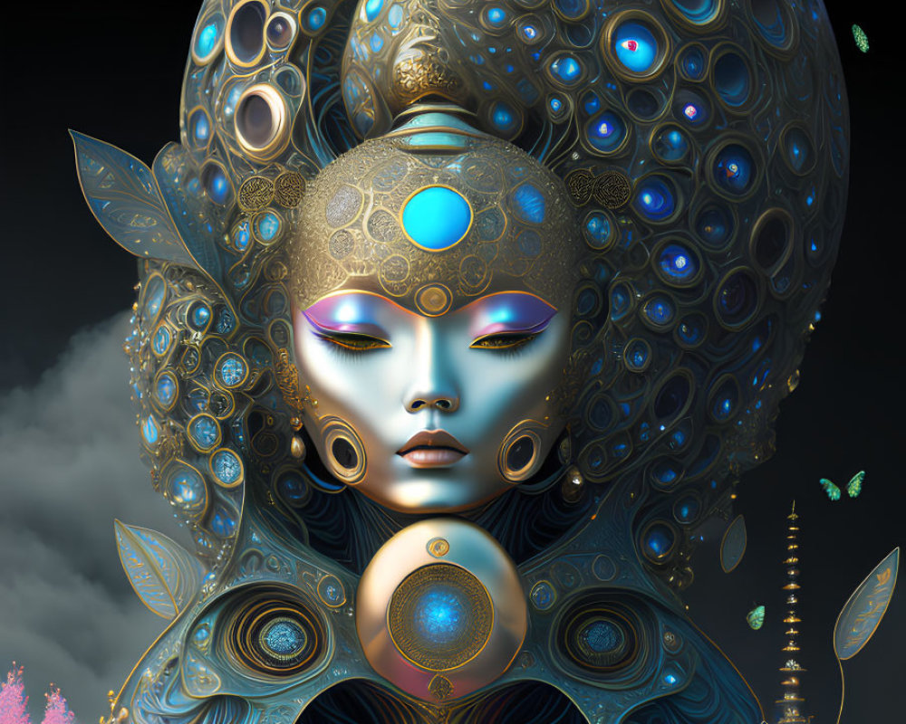 Surreal digital art portrait with ornate headgear and butterflies