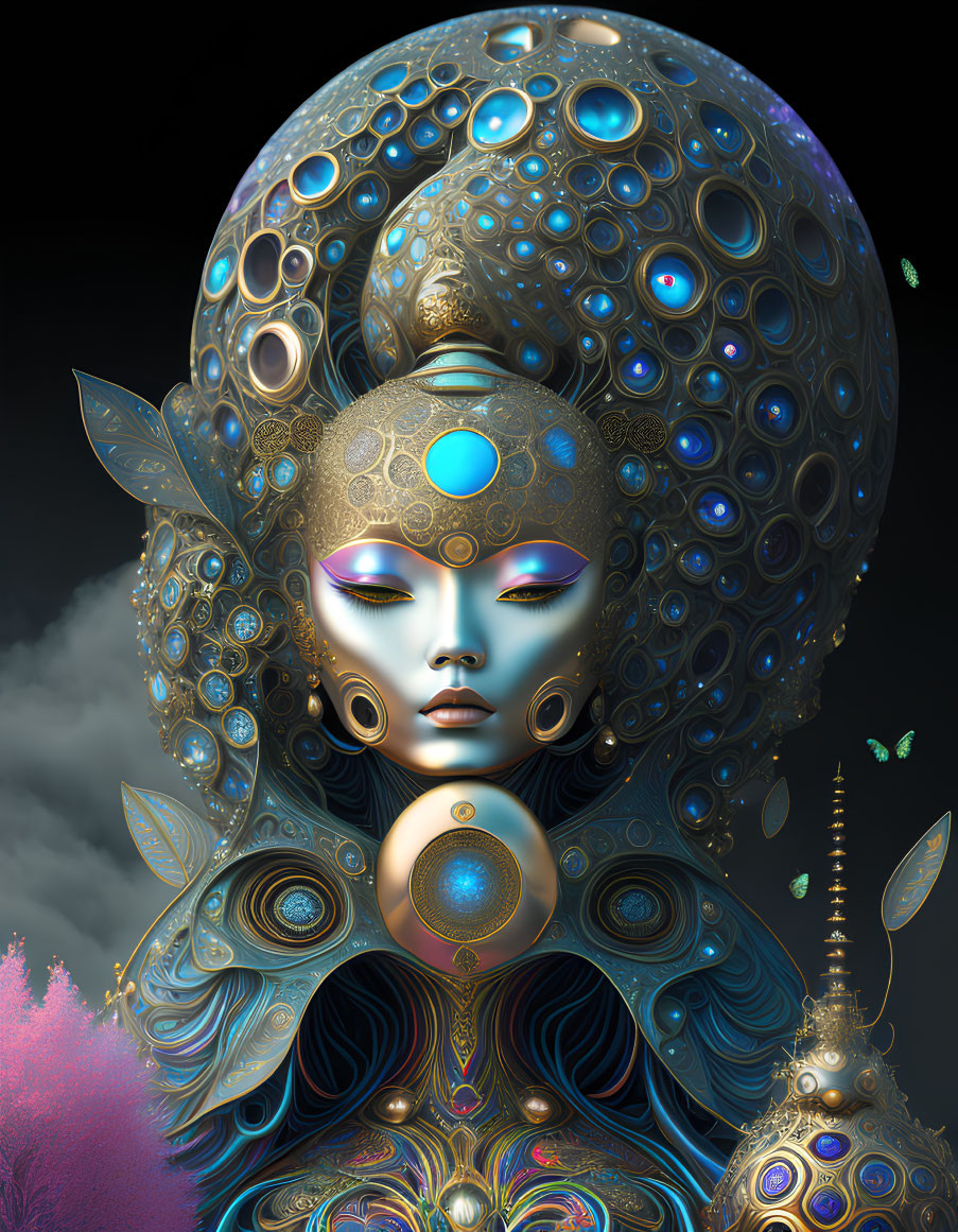 Surreal digital art portrait with ornate headgear and butterflies