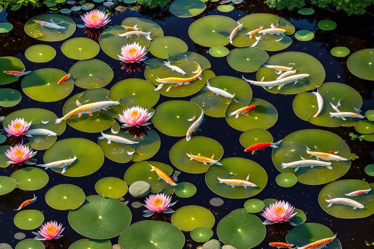 Tranquil Pond with Koi Fish, Lily Pads, and Lotus Flowers