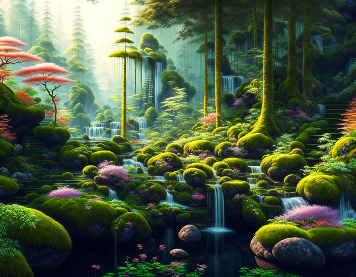 Lush forest scene with moss-covered stones, waterfalls, and sunlight.