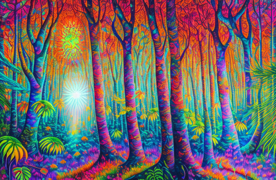 Colorful Psychedelic Forest Illuminated by Bright Light