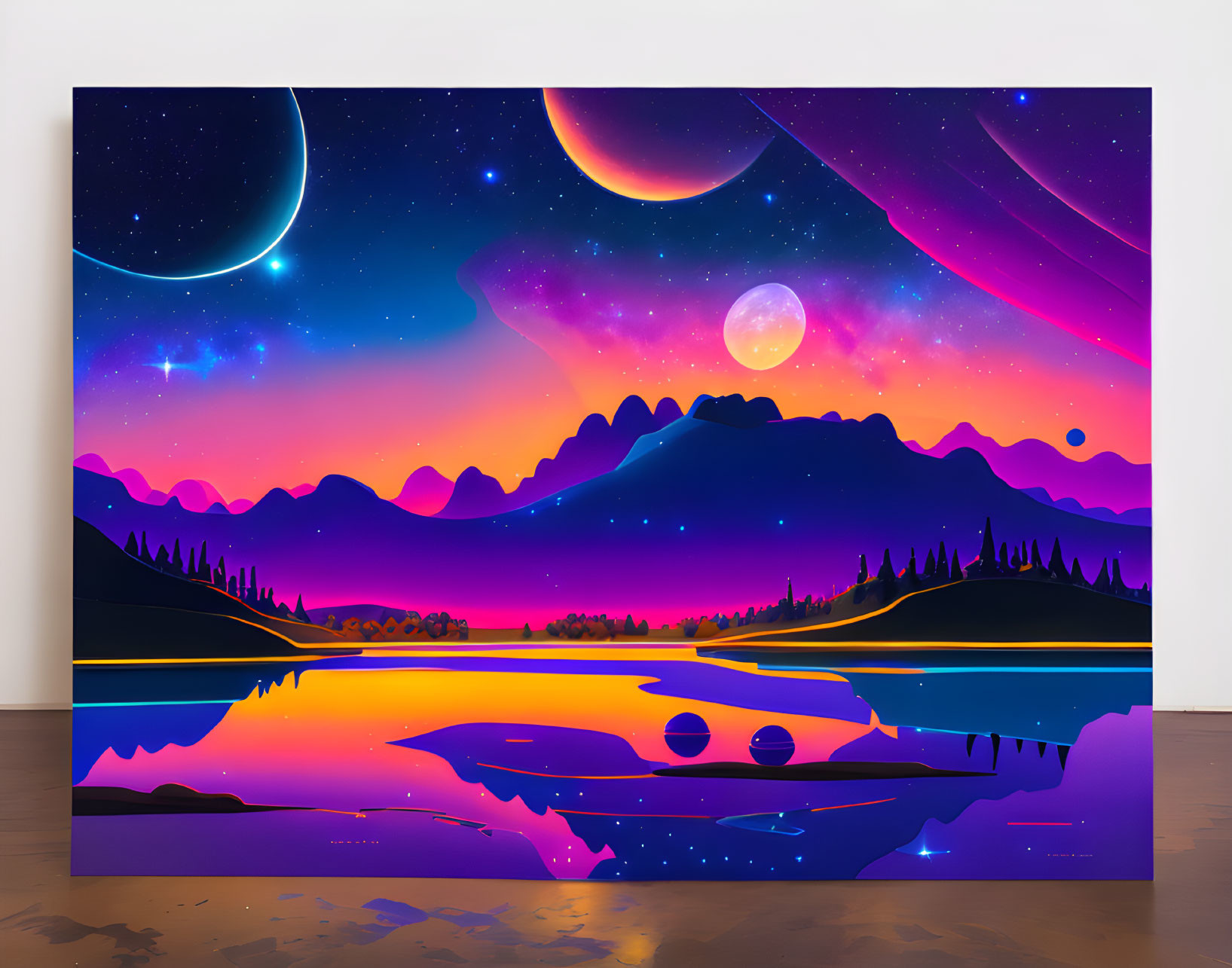 Surreal landscape digital artwork with starry sky, planets, nebulae, mountains, and