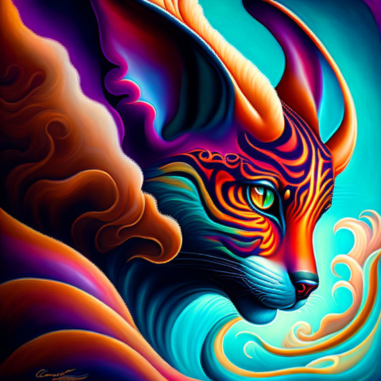 Vibrant digital artwork of stylized feline creature in blue, orange, and red