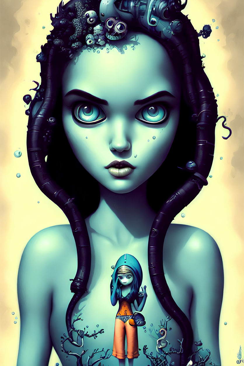 Blue-skinned female figure with mechanical elements and sea creatures in surreal underwater scene