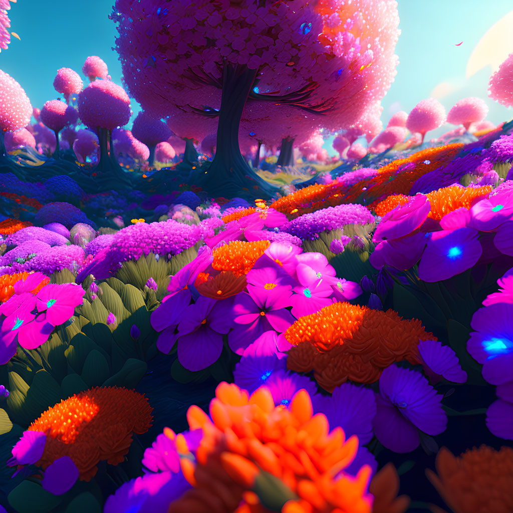 Surreal neon-colored flora under pink tree in vivid landscape