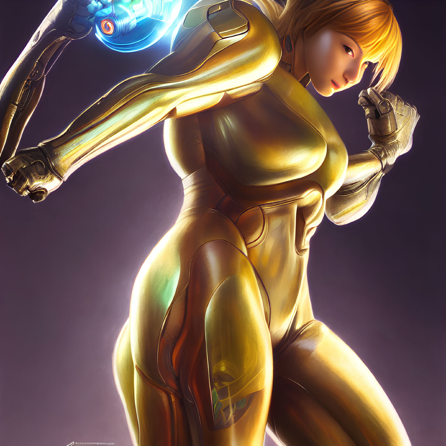 Sci-fi character in golden suit with glowing arm cannon in dramatic lighting