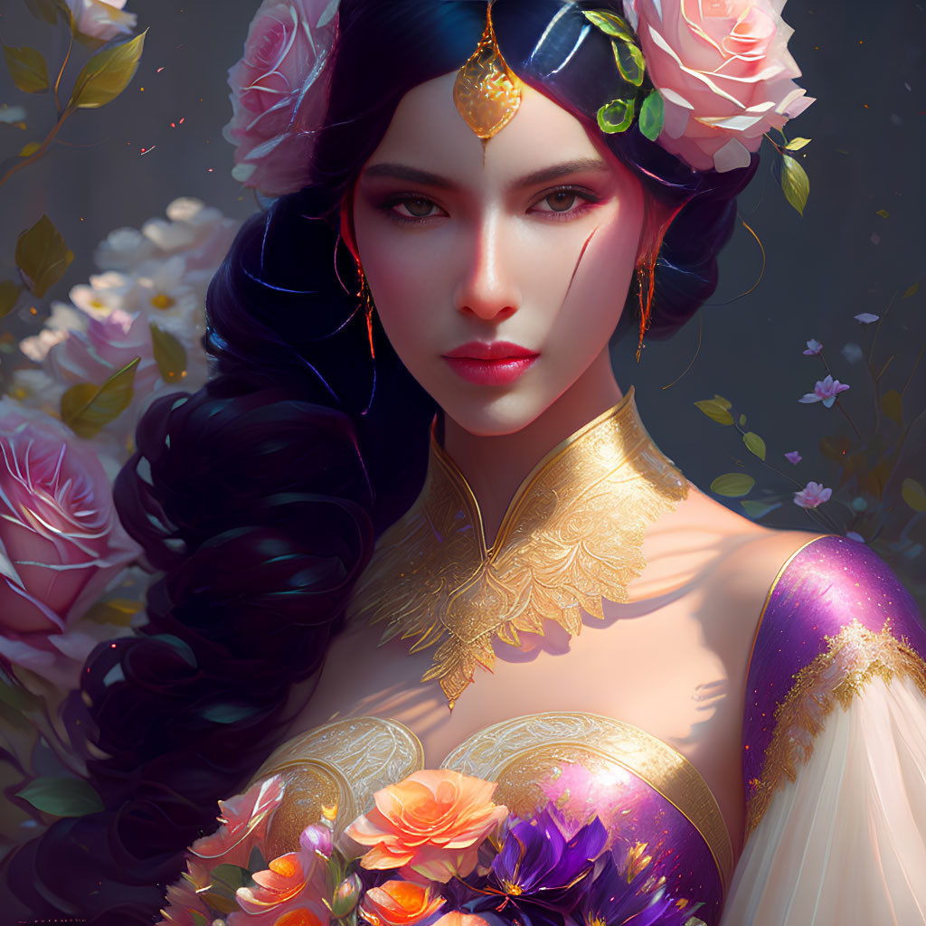 Portrait of an elegant woman with floral accessories and gold jewelry