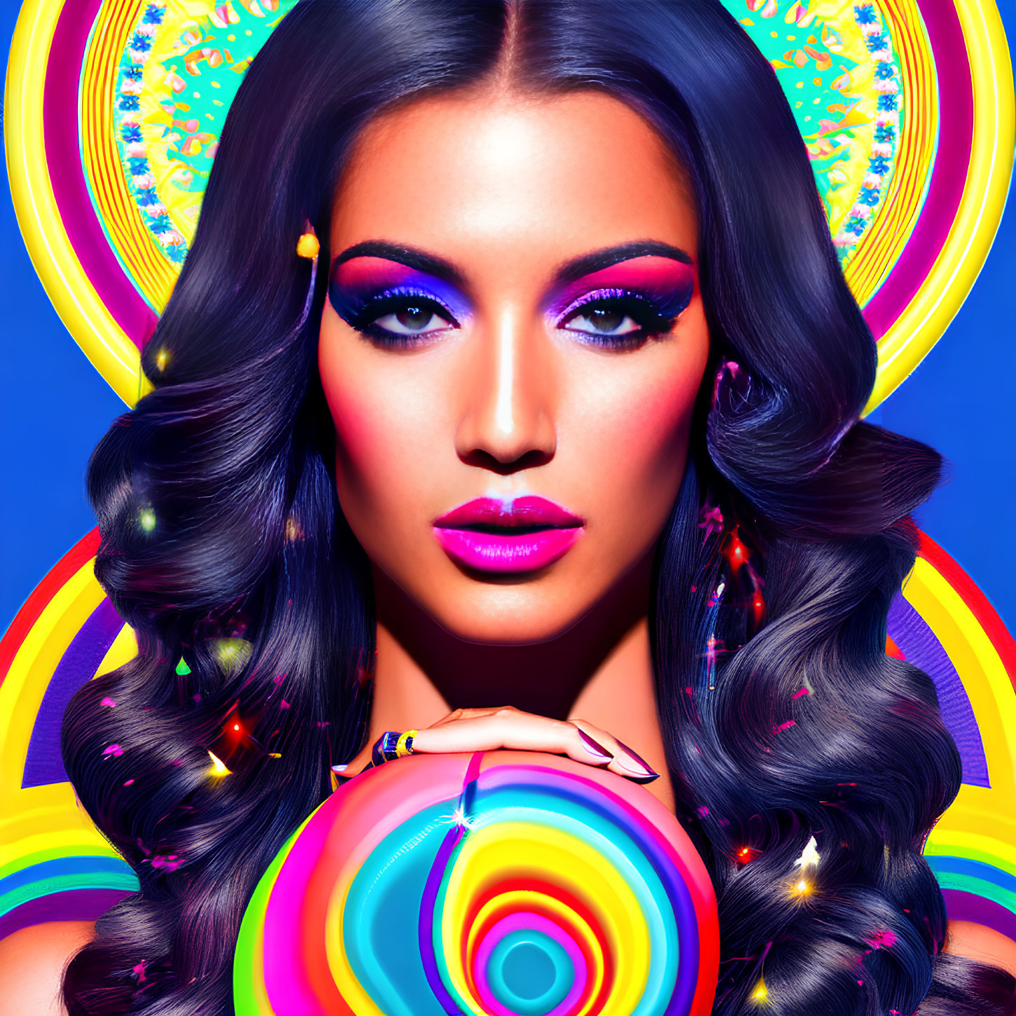 Colorful Makeup Woman with Lollipop on Psychedelic Background