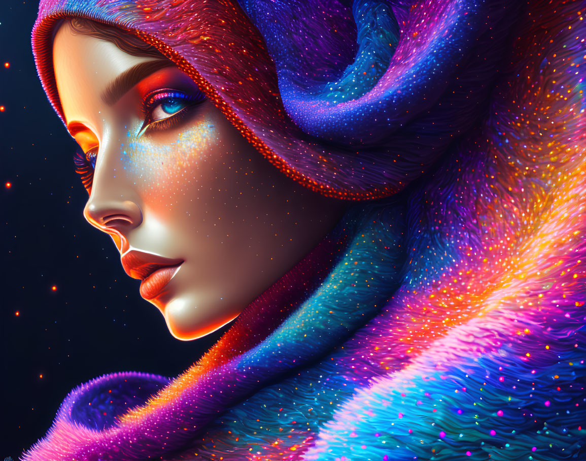 Colorful Cosmic-Themed Digital Art Portrait of Woman with Star-Like Freckles