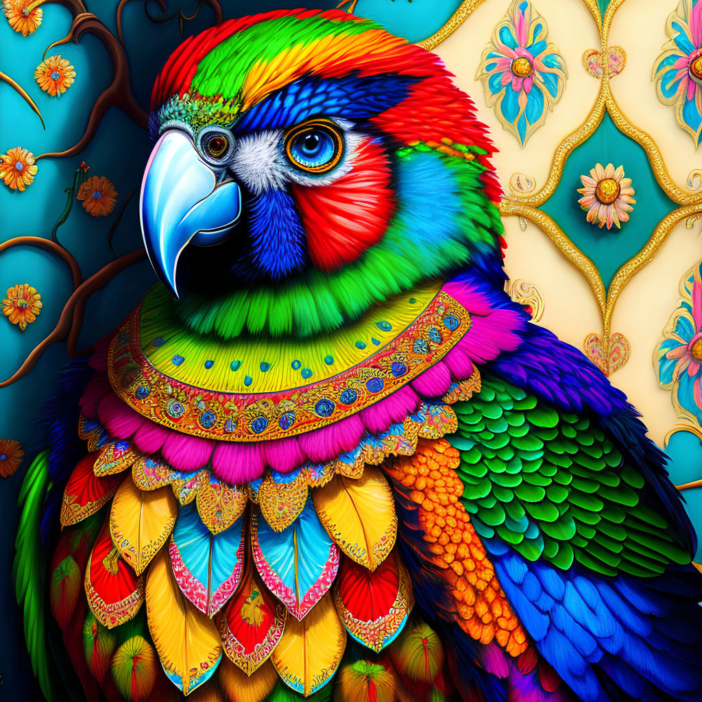 Colorful Parrot Illustration with Intricate Feather Patterns on Blue and Gold Background