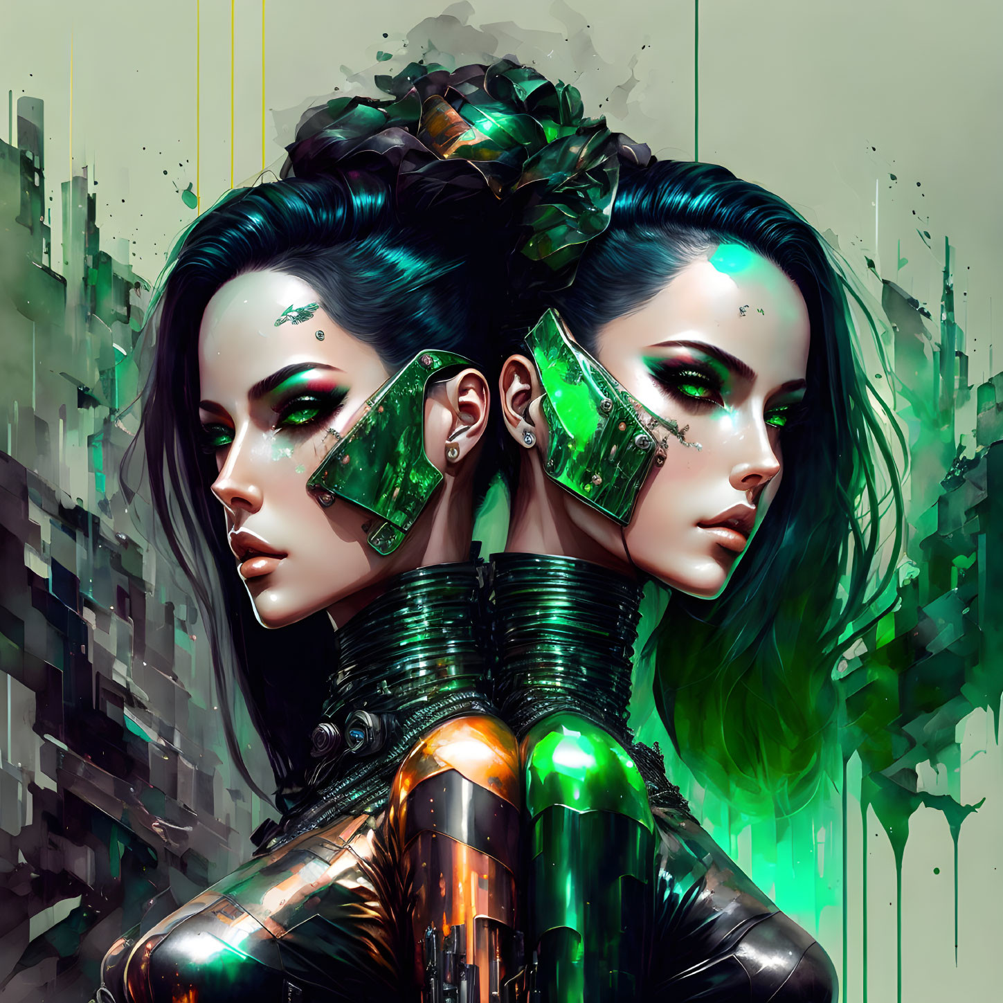 Futuristic digital art: Two women with cybernetic enhancements in green, black, and metallic