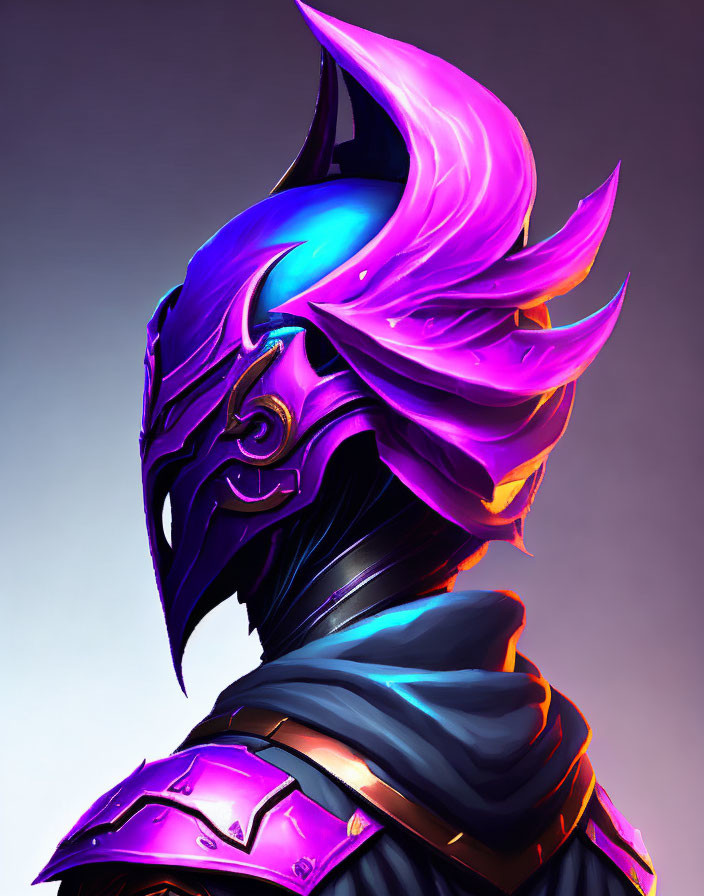 Illustration of person in purple & black helmet with glowing blue visor & feather decorations