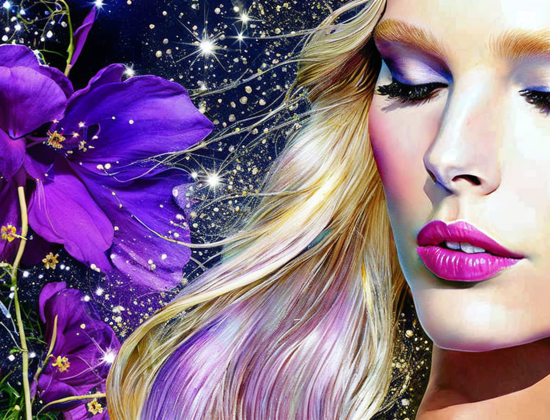 Vibrant digital artwork: Woman's profile with blonde hair, purple flower, celestial elements