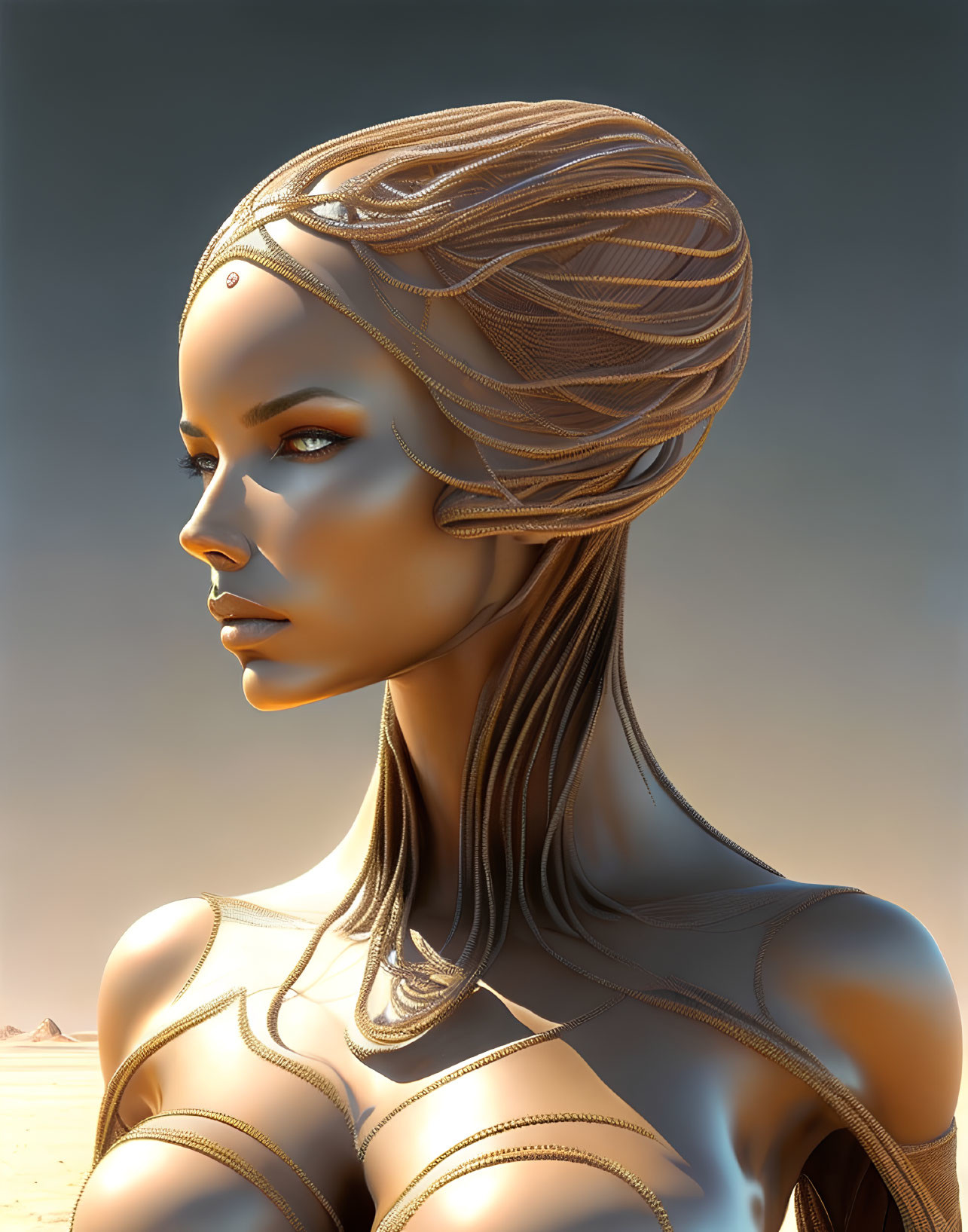 Digital Art: Metallic Humanoid with Intricate Headgear and Body Armor in Desert