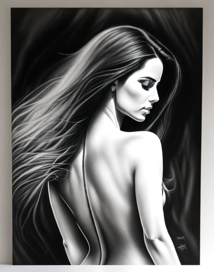 Monochromatic artwork of woman with flowing hair and bare back