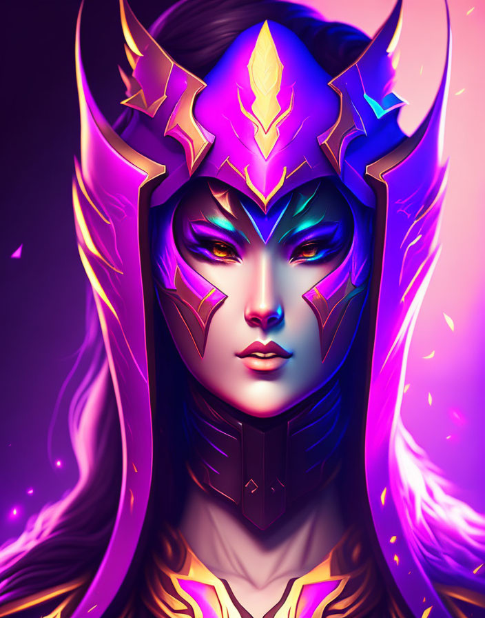 Fantasy character digital art: purple and gold armor, glowing eyes, pink accents