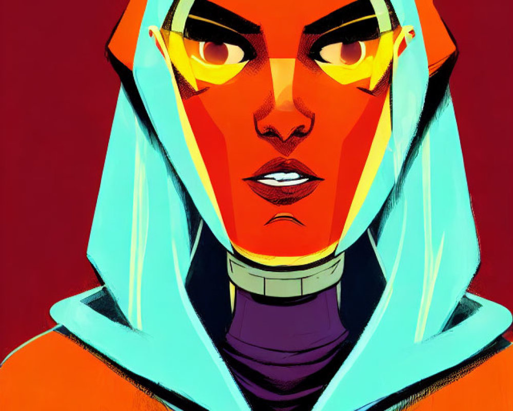 Stylized woman in teal hoodie and orange visor on red background