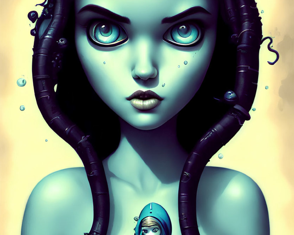 Blue-skinned female figure with mechanical elements and sea creatures in surreal underwater scene