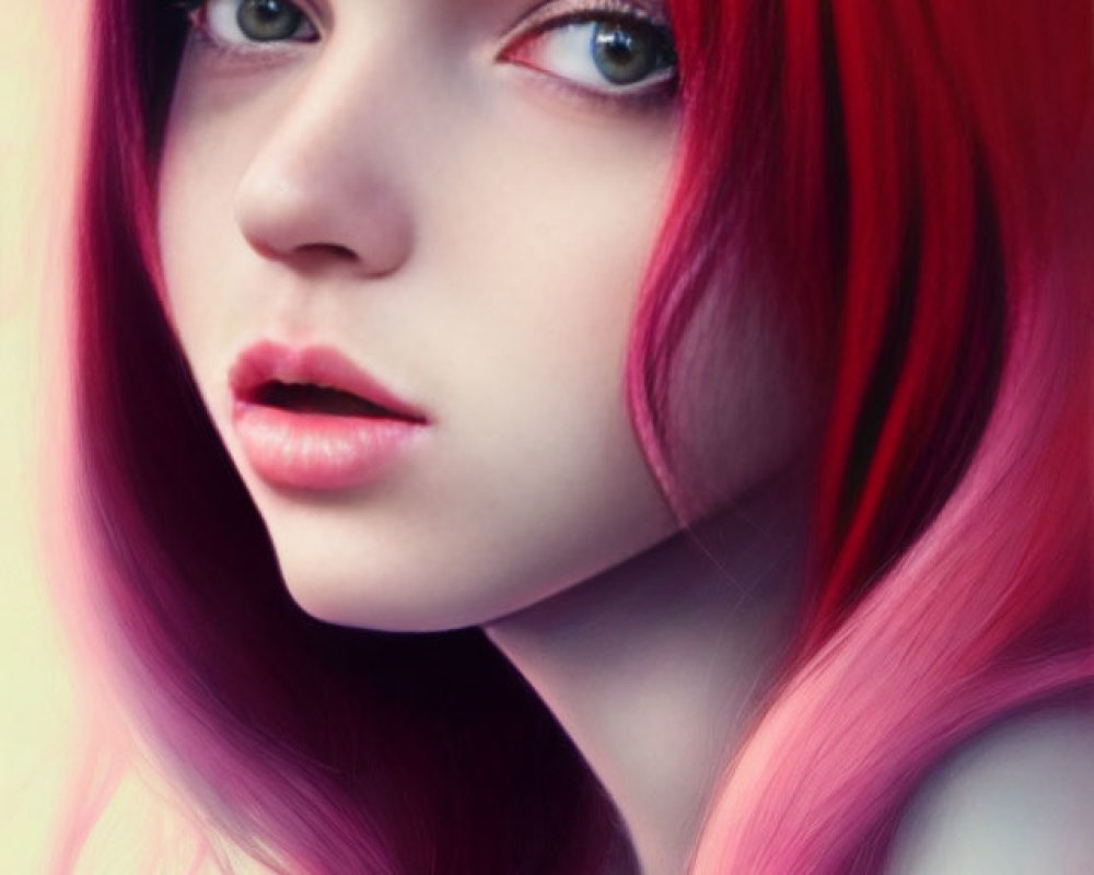 Vibrant pink hair and green-eyed female in digital art