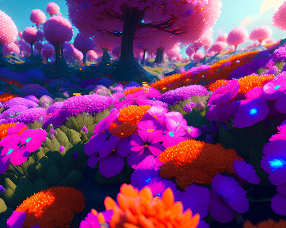 Surreal neon-colored flora under pink tree in vivid landscape