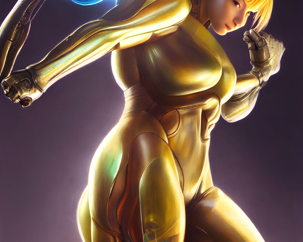 Sci-fi character in golden suit with glowing arm cannon in dramatic lighting