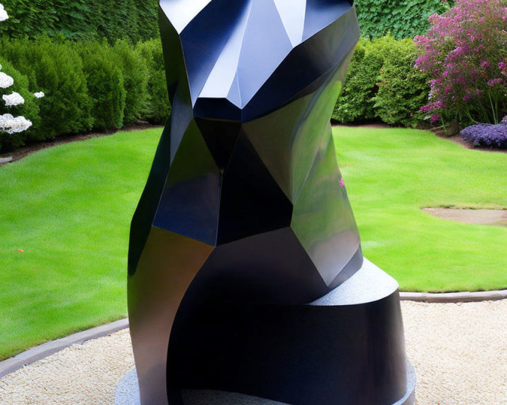 Geometric Fox Sculpture in Black and White, Surrounded by Lush Garden