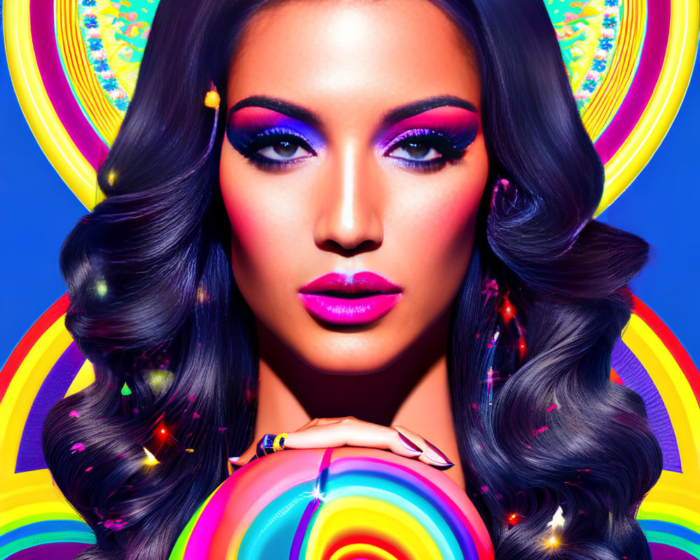 Colorful Makeup Woman with Lollipop on Psychedelic Background