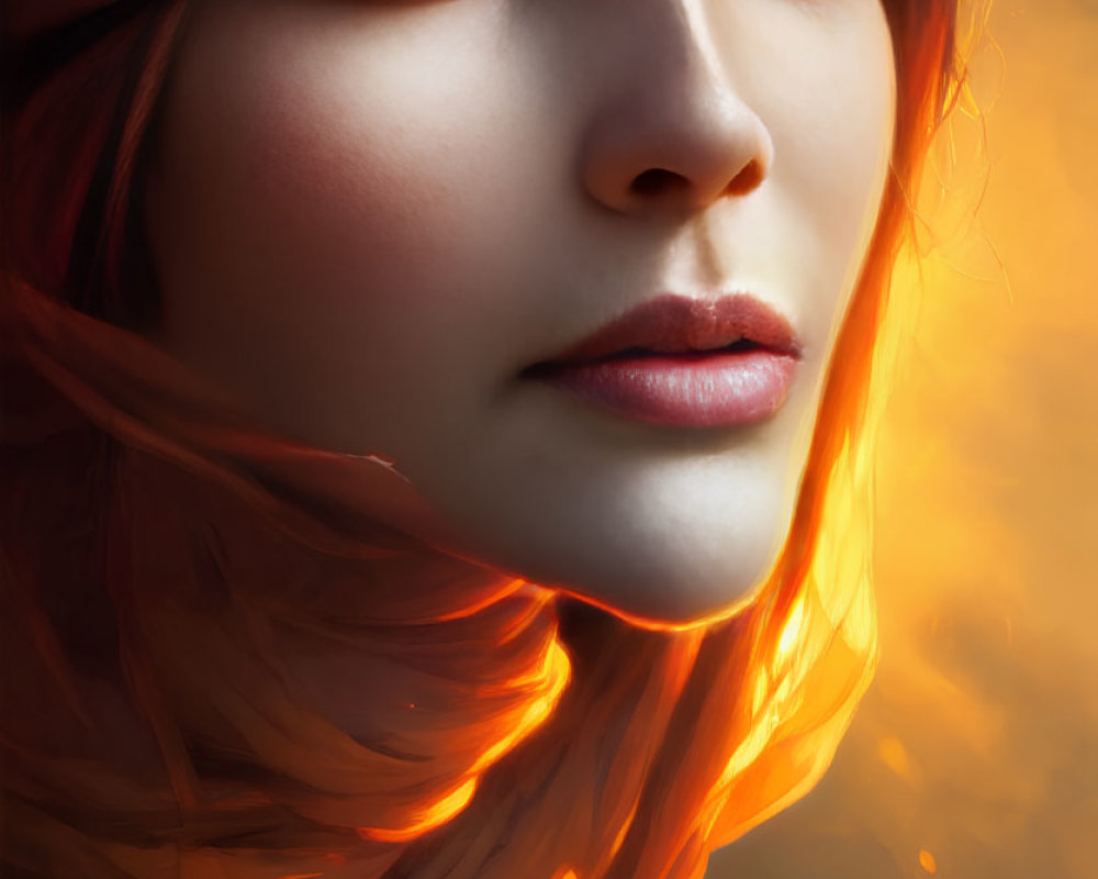 Intense gaze portrait of a woman with warm glowing light and flowing scarf