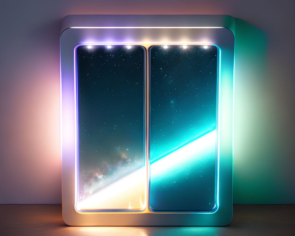 Neon-lit frame featuring smartphones with cosmic wallpapers