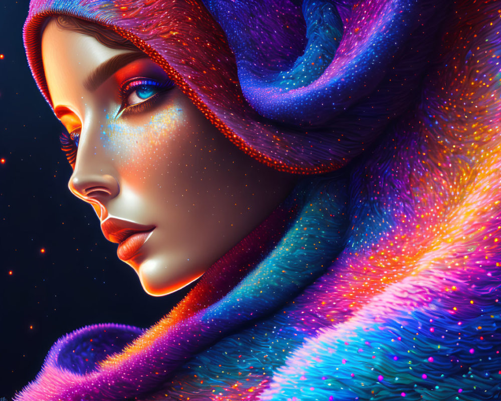 Colorful Cosmic-Themed Digital Art Portrait of Woman with Star-Like Freckles