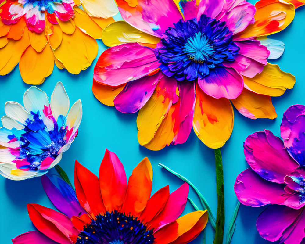 Colorful Artificial Flowers on Bright Blue Background with Pink, Yellow, Orange, and Blue Petals