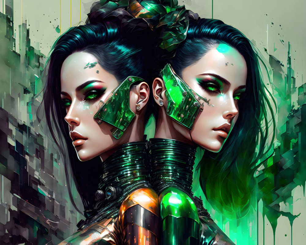 Futuristic digital art: Two women with cybernetic enhancements in green, black, and metallic