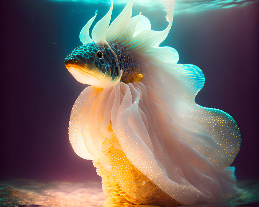 Fantastical fish with lion-like mane in glowing underwater scene