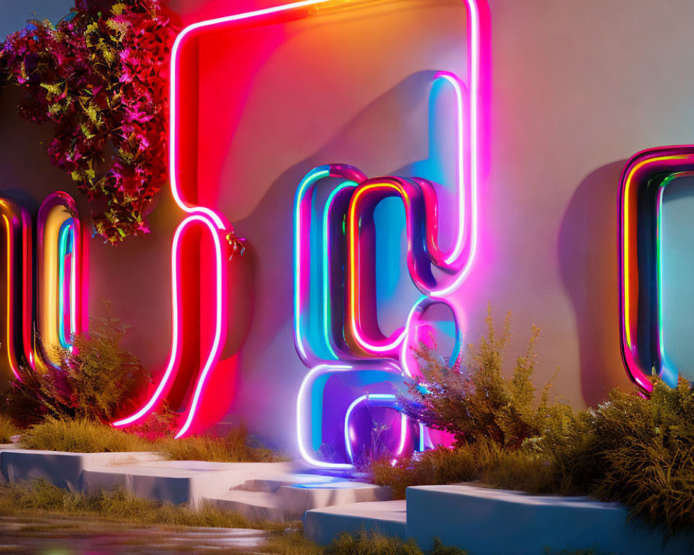 Vibrant neon lights create abstract patterns on building wall at night