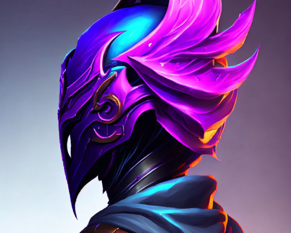 Illustration of person in purple & black helmet with glowing blue visor & feather decorations