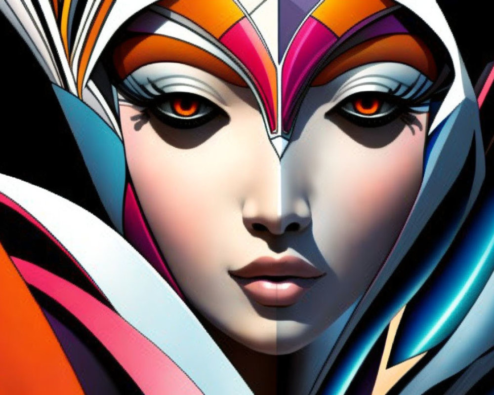 Vibrant digital artwork of a woman's face with geometric patterns in oranges, pinks, and