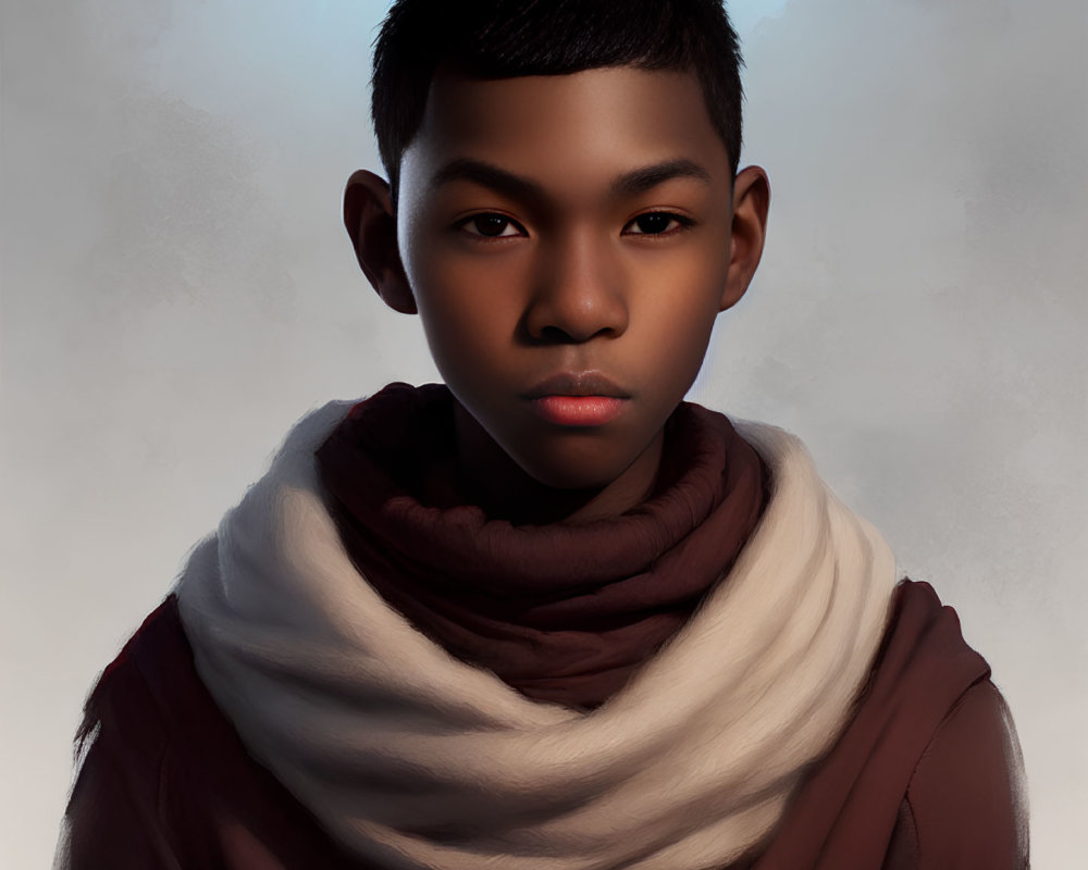 Young boy with short hair in brown shirt and white scarf portrait.