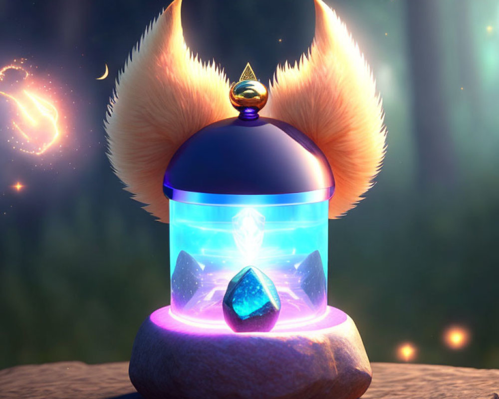 Mystical lantern with blue light, crystal, fiery fox ears, and magical particles