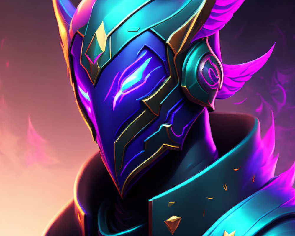 Character in Blue and Gold Armor with Horned Helmet and Purple Accents