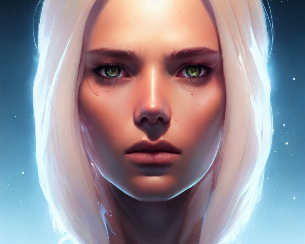 Digital artwork: Platinum blonde person with green eyes and glowing aura on blue background