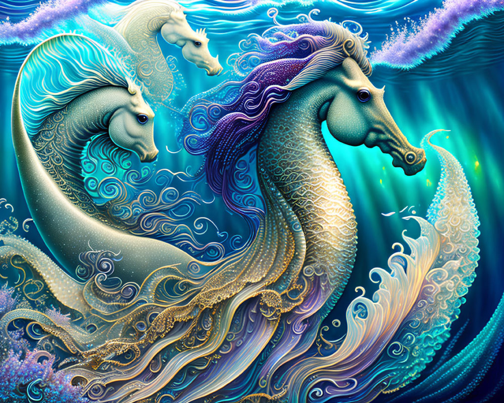 Colorful ornate seahorses in oceanic setting