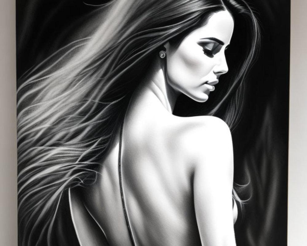 Monochromatic artwork of woman with flowing hair and bare back