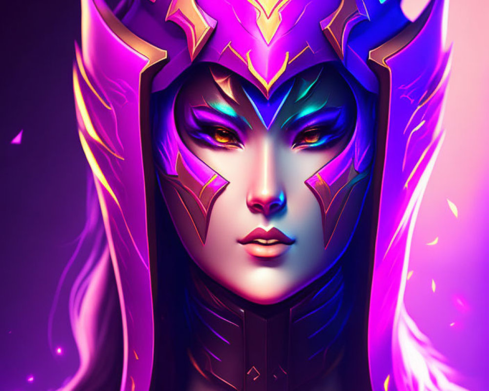 Fantasy character digital art: purple and gold armor, glowing eyes, pink accents