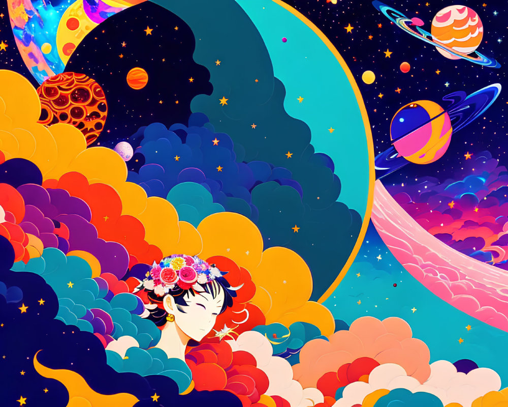 Colorful illustration: Person with floral crown on vibrant clouds, surrounded by whimsical cosmos with stars,