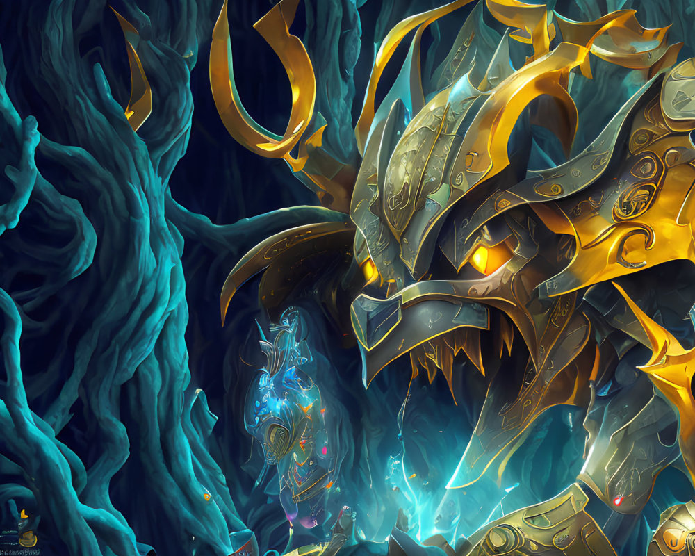 Golden Armored Dragon with Glowing Blue Eyes in Twisted Blue Cavern