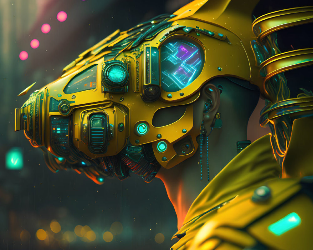 Detailed Yellow Cybernetic Helmet in Neon-Lit Futuristic Setting