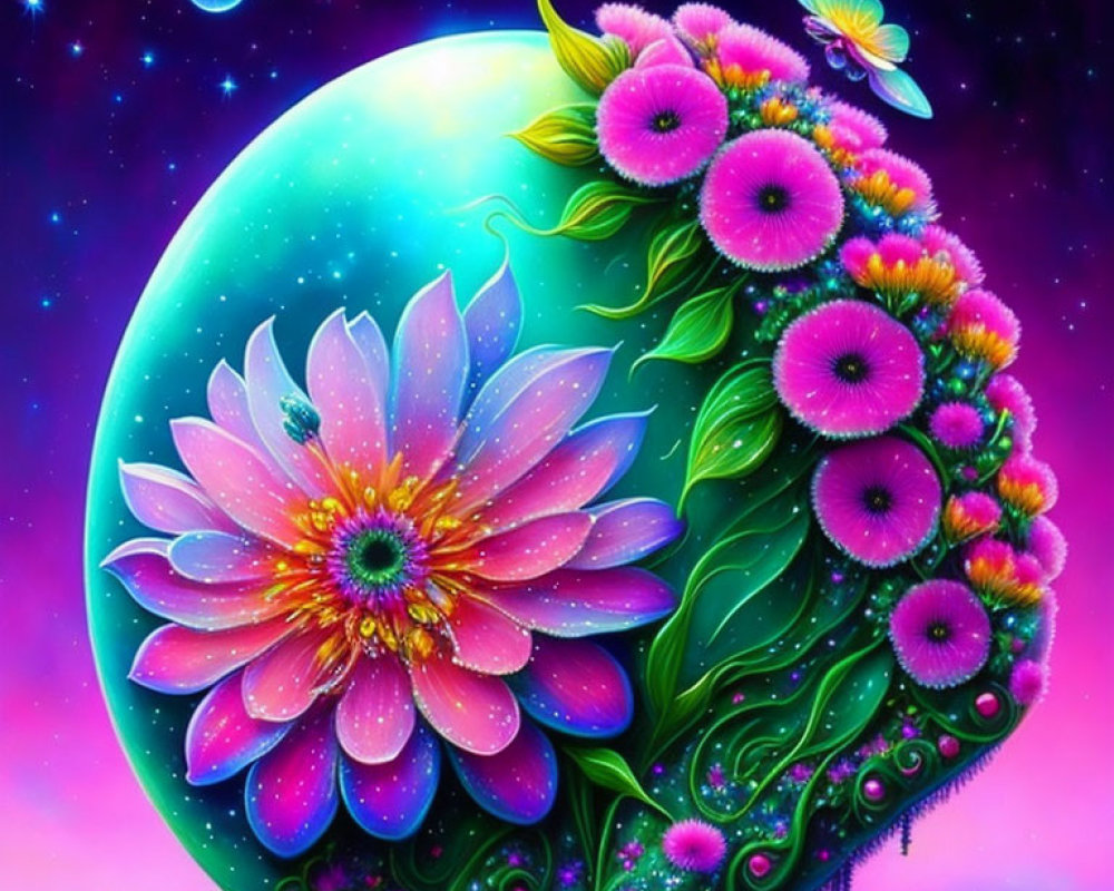 Colorful Floral Planet Artwork with Pink Flower and Butterfly in Starry Space