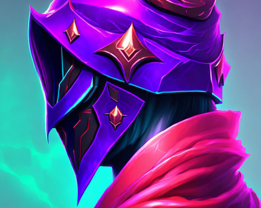 Colorful digital artwork: Character in purple helmet with red gems, horn-like adornments, and flowing