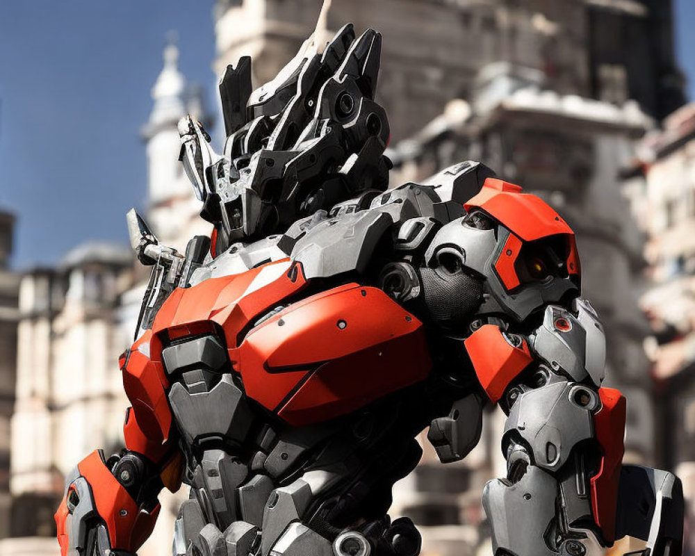 Realistic Red and Gray Mech Costume with Humanoid Features amid Classical Architecture