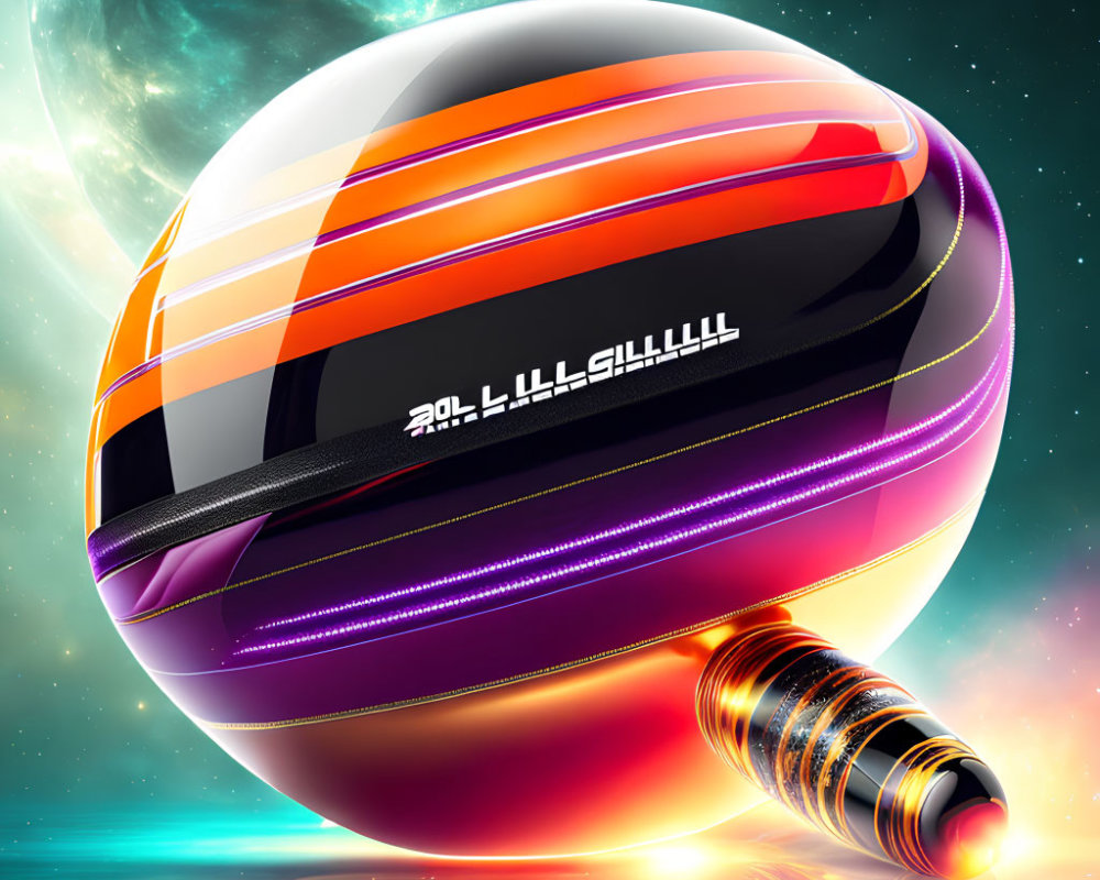 Futuristic spherical spaceship with orange, black, and purple stripes in vibrant celestial orbit